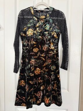 BeBop Black Velvet Floral Long Sleeve Fit & Flare Dress (Worn once)